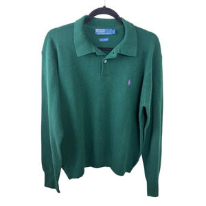 Vintage Polo Ralph Lauren Lambswool Sweater Green Pullover Collard Mens L